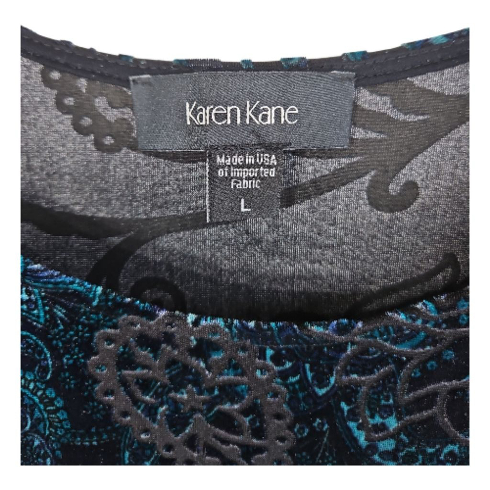 Karen Kane Blue & Black Velvet Burn-out Paisley Long Sleeve Top Size L - Picture 2 of 6